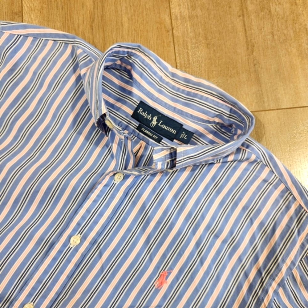 Ralph Lauren Classic Long Sleeve Button-Down Blue Pink Stripe Shirt Men's Large